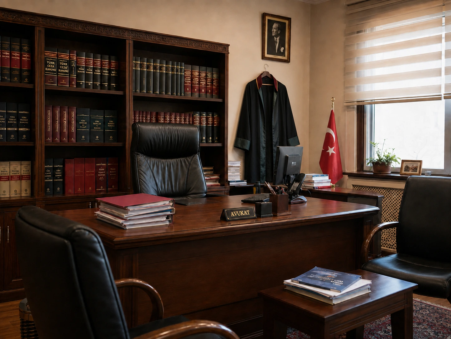 Avukat cübbesi, Türk bayrağı, hukuk kitapları ve çalışma masasının yer aldığı geleneksel hukuk ofisi.