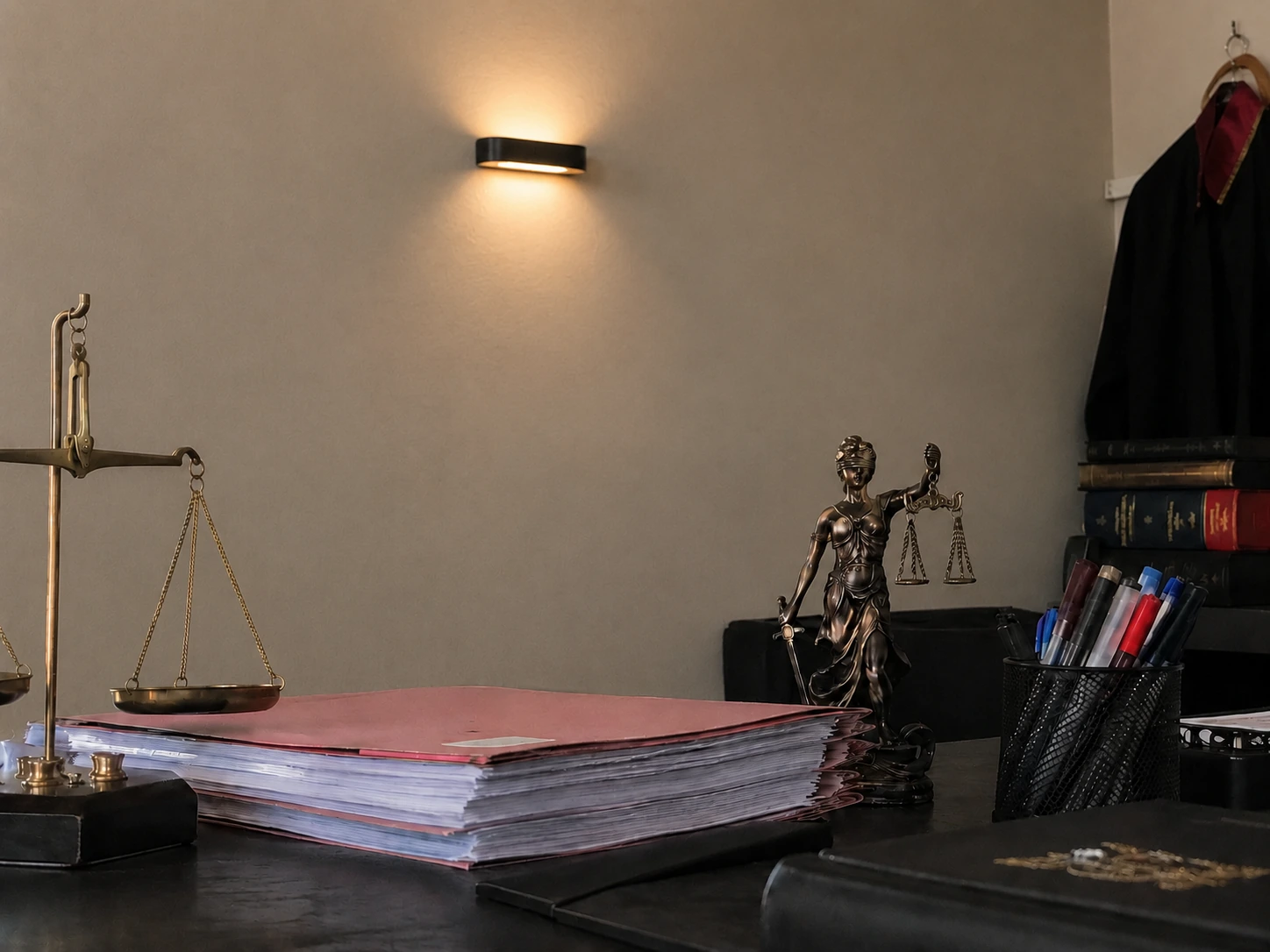 İş hukuku hizmetlerini temsil eden, hukuk dosyaları, adalet terazisi ve avukat cübbesinin bulunduğu avukatlık ofisi.
